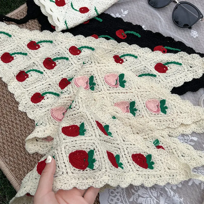 Sweet Cute Strawberry Cherry Handmade Crochet Hollow Triangle Headband Towel Women Spring Summer Travel Photo Hair Scarf