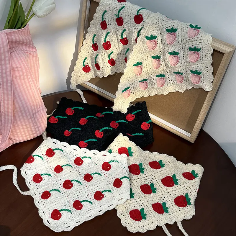 Sweet Cute Strawberry Cherry Handmade Crochet Hollow Triangle Headband Towel Women Spring Summer Travel Photo Hair Scarf