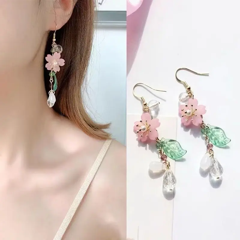 Sweet Romantic Pink Flower Leaves Earrings Women's Long Tassel Drop Earrings Elegant Holiday Party Gift Accessories