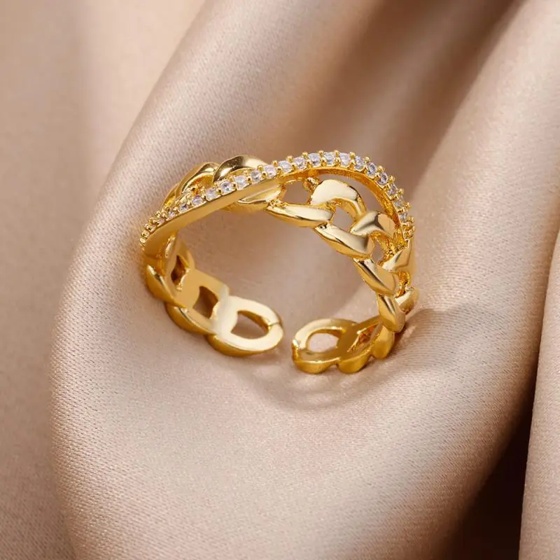 2025 New Trendy Gold Plated Stainless Zircon Crystal Rings For Women Chain Geometry Zircon Finger Ring Jewelry Gift