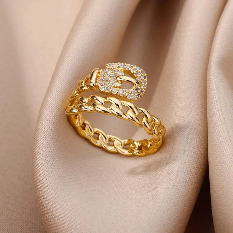 2025 New Trendy Gold Plated Stainless Zircon Crystal Rings For Women Chain Geometry Zircon Finger Ring Jewelry Gift