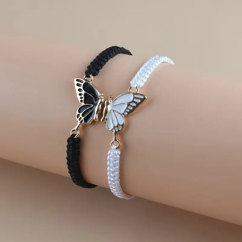 2Pcs Simple Butterfly Hand Woven Couple Bracelet For Women Men Fashionable Butterfly Bangle Versatile Woven Wristband Gifts