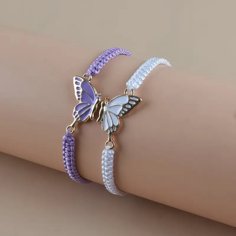2Pcs Simple Butterfly Hand Woven Couple Bracelet For Women Men Fashionable Butterfly Bangle Versatile Woven Wristband Gifts