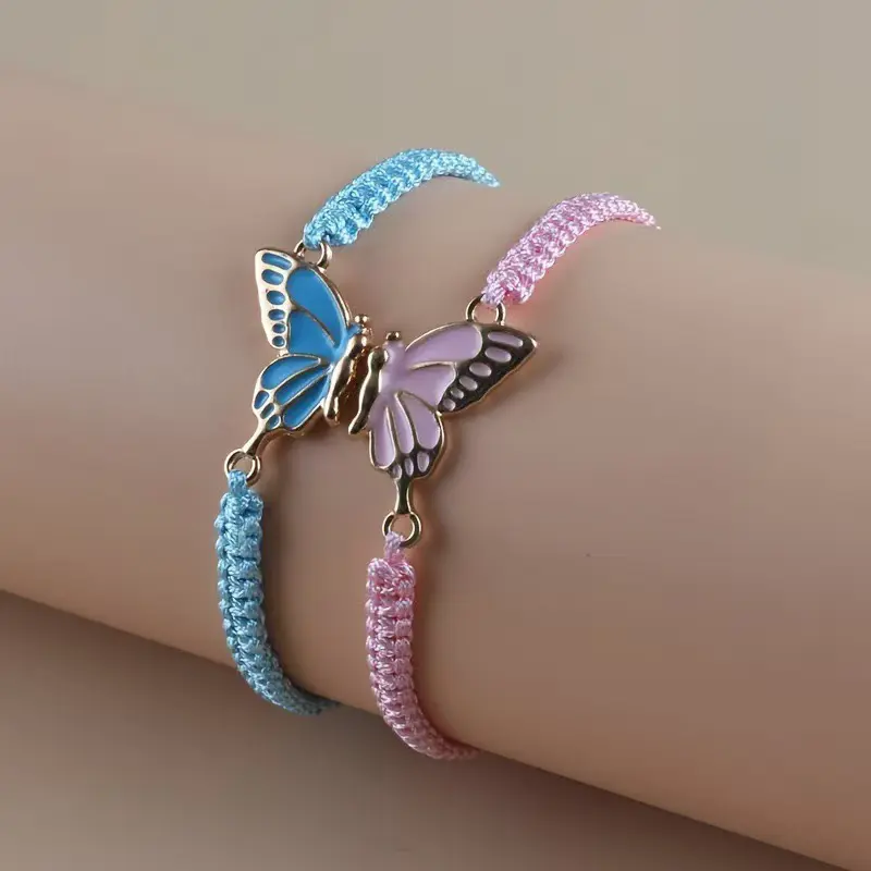 2Pcs Simple Butterfly Hand Woven Couple Bracelet For Women Men Fashionable Butterfly Bangle Versatile Woven Wristband Gifts