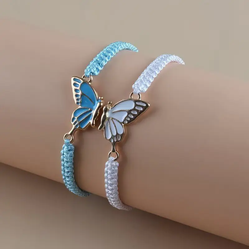 2Pcs Simple Butterfly Hand Woven Couple Bracelet For Women Men Fashionable Butterfly Bangle Versatile Woven Wristband Gifts