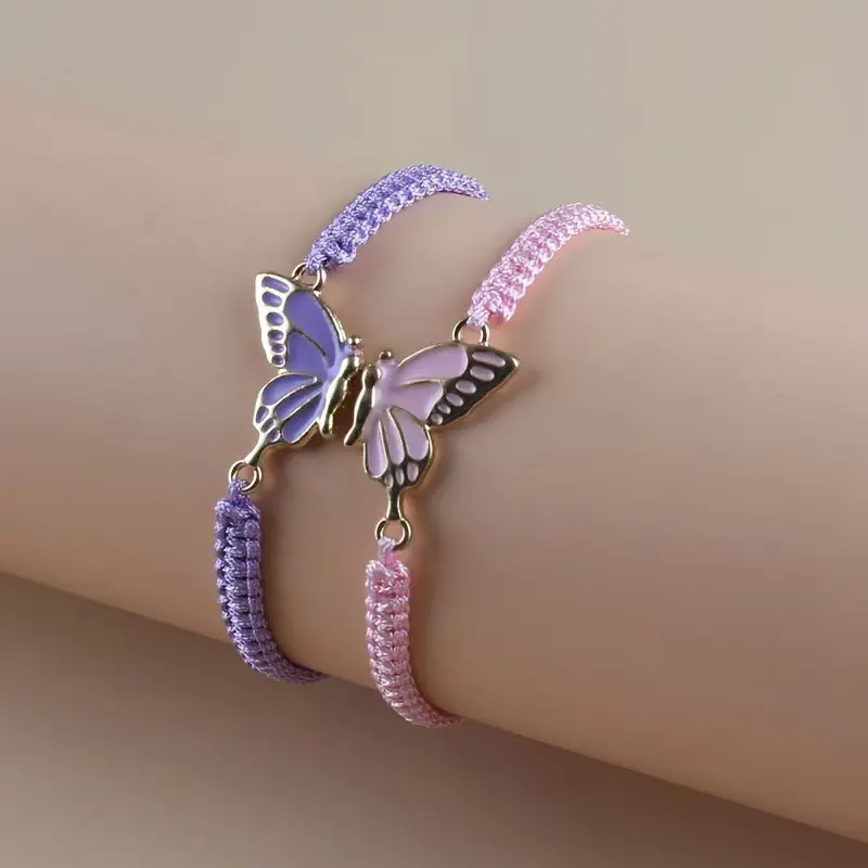 2Pcs Simple Butterfly Hand Woven Couple Bracelet For Women Men Fashionable Butterfly Bangle Versatile Woven Wristband Gifts