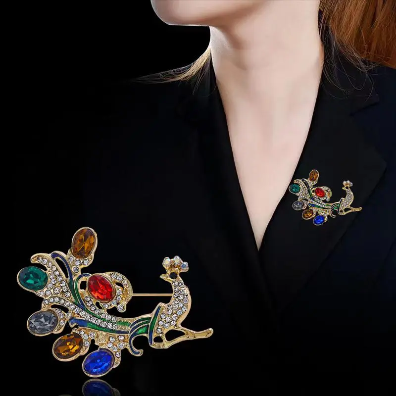 Fashion Rhinestone Colored Peacock Brooches For Women Clothing Coat Jewelry Accessries Gifts