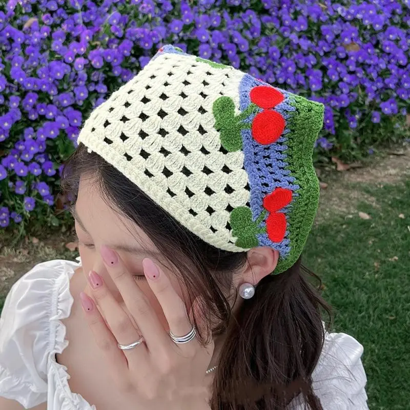 Elegant Knitted Triangle Scarf Headband For Women Fashion Cherry Pattern Hair Band Headscarf Hair Accessories Skirt Butt Curtain