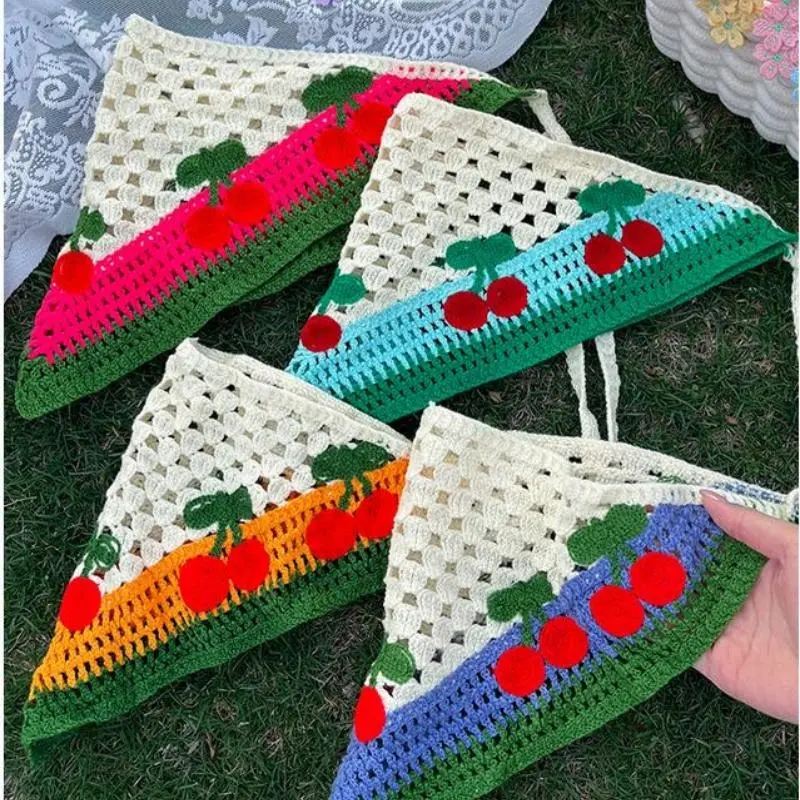 Elegant Knitted Triangle Scarf Headband For Women Fashion Cherry Pattern Hair Band Headscarf Hair Accessories Skirt Butt Curtain