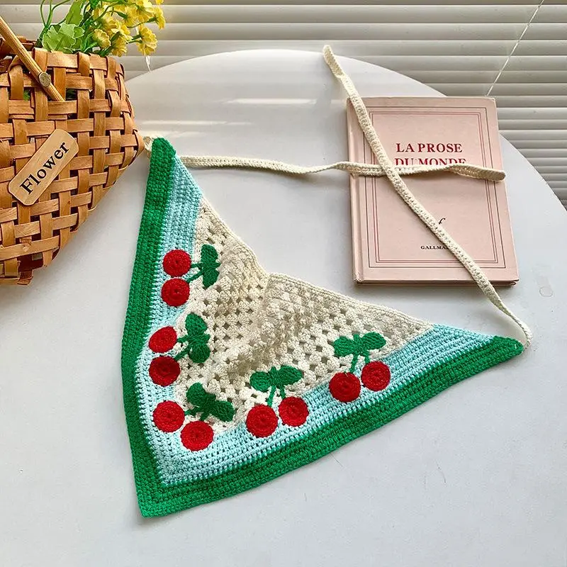 Elegant Knitted Triangle Scarf Headband For Women Fashion Cherry Pattern Hair Band Headscarf Hair Accessories Skirt Butt Curtain