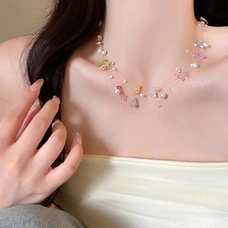 Colorful Starfish Shell Pearl Choker Necklace For Women Girls Elegant Multi-layered Clavicle Necklace Sweet Aesthetic Jewelry