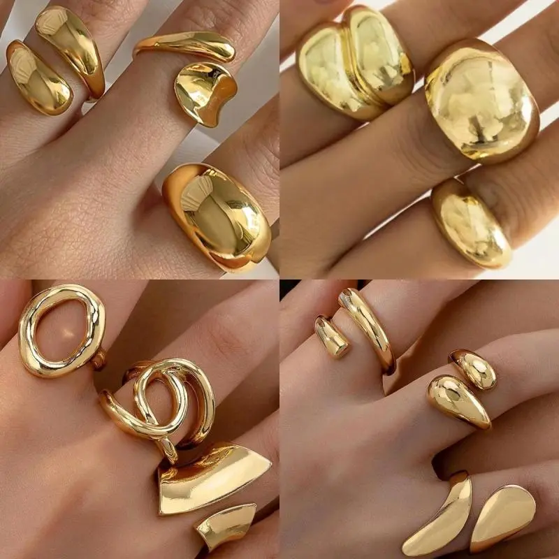 1Set Of New Irregular Geometric Ring Alloy Plated Metal Adjustable Finger Ring For Women Fashion Statement Jewelry Party