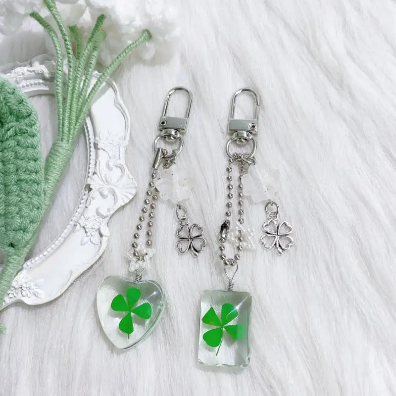 Y2K Trendy Four Leaf Clover Keychain Little Fresh Lucky Clover Keyring Sweet Girly Bag Pendant Key Hanging Decoration Gifts