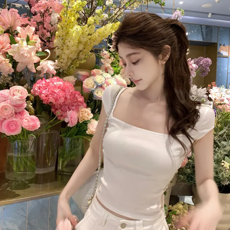 Women Back Lace See-through Short Sleeve T-Shirt Summer Design Square Collar Sexy Chic Tops