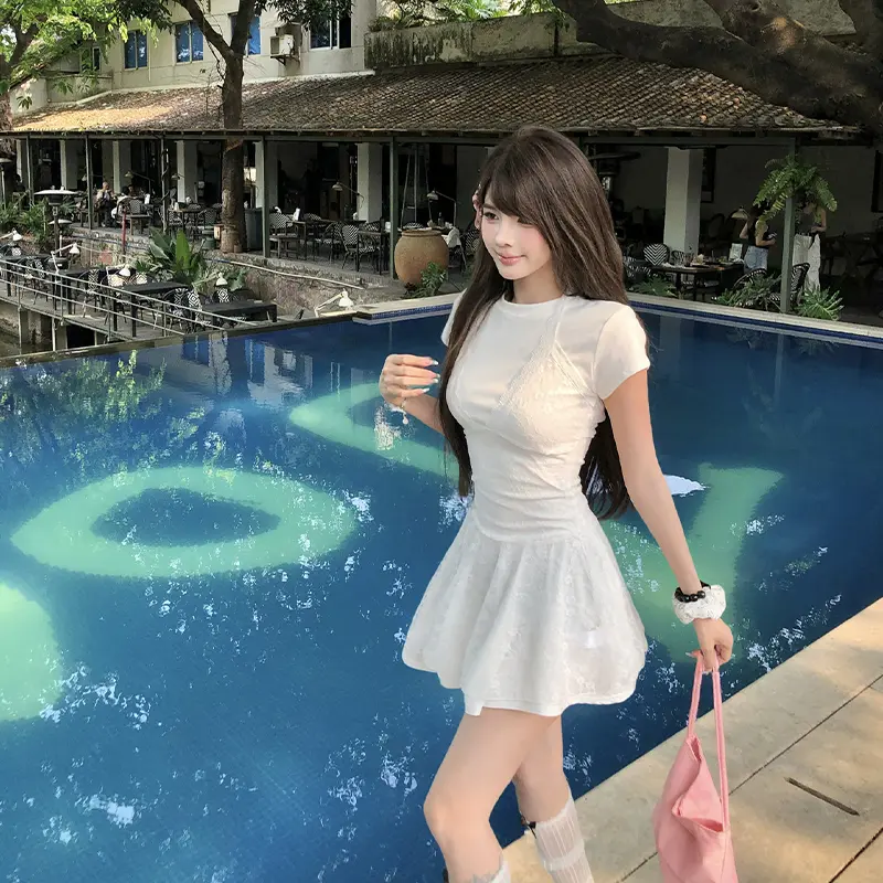 Round Neck Short Sleeve Dress Halter Neck Lace Suspenders Women Two Piece Set