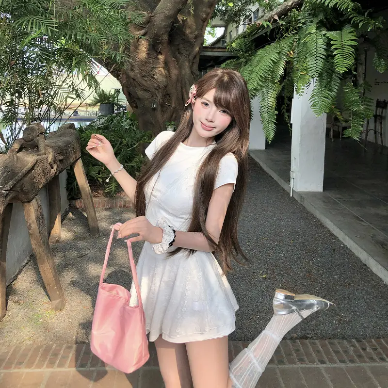 Round Neck Short Sleeve Dress Halter Neck Lace Suspenders Women Two Piece Set