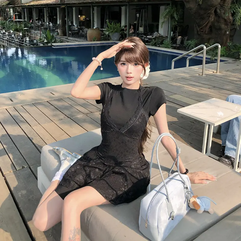 Round Neck Short Sleeve Dress Halter Neck Lace Suspenders Women Two Piece Set