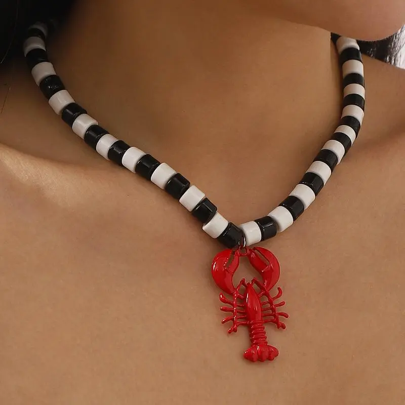 2025 New Lobster Bead Necklace Handmade Crystal Beaded Enamel Jewelry Simple Pendant Necklace Women Beach Vacation Accessory