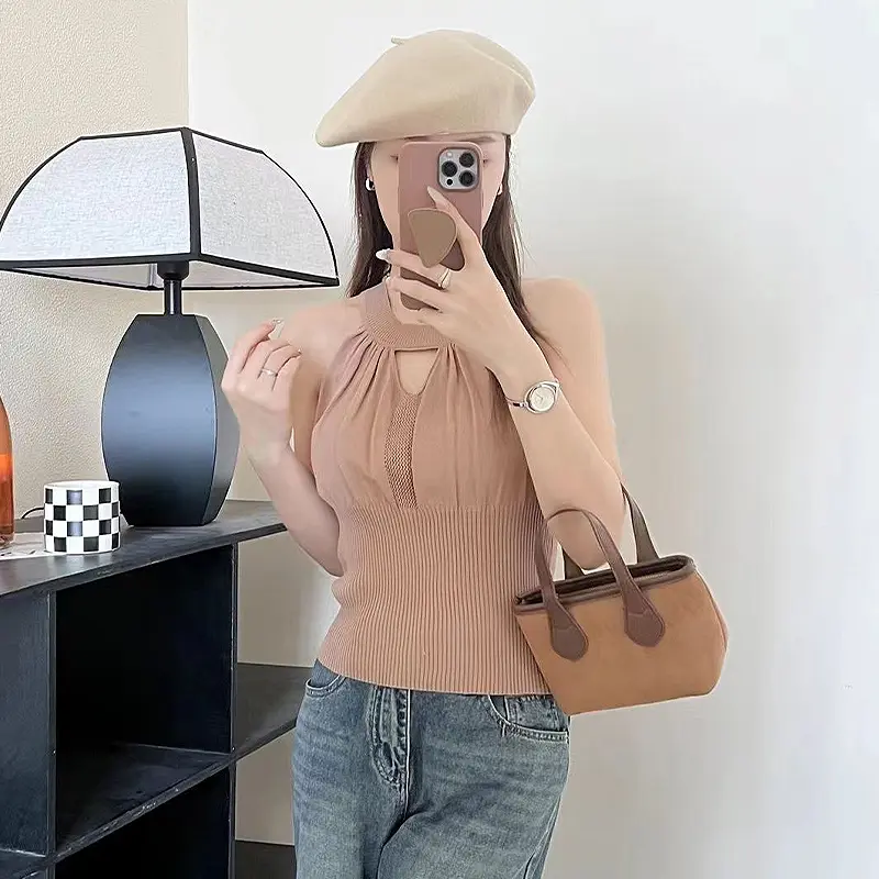 Korean Solid Color Chic Hollow Round Neck Sleeveless Slim Knitted Vest For Women