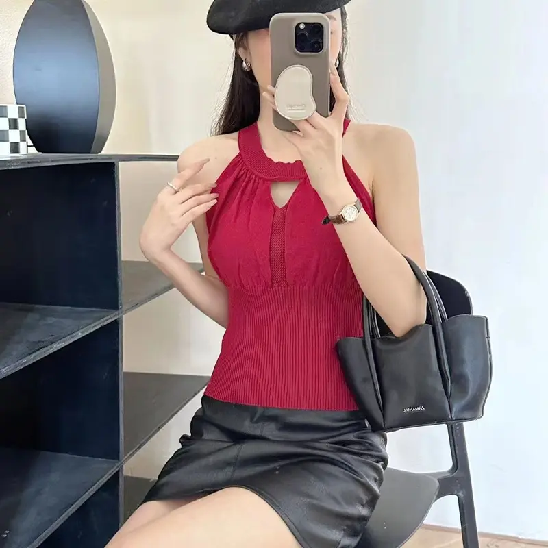 Korean Solid Color Chic Hollow Round Neck Sleeveless Slim Knitted Vest For Women