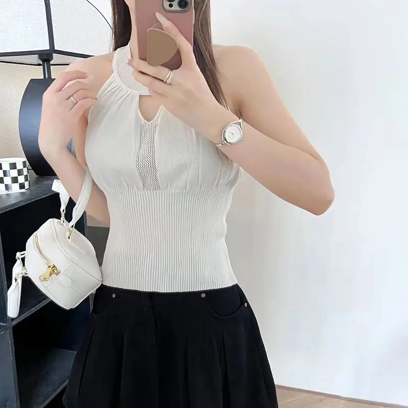 Korean Solid Color Chic Hollow Round Neck Sleeveless Slim Knitted Vest For Women