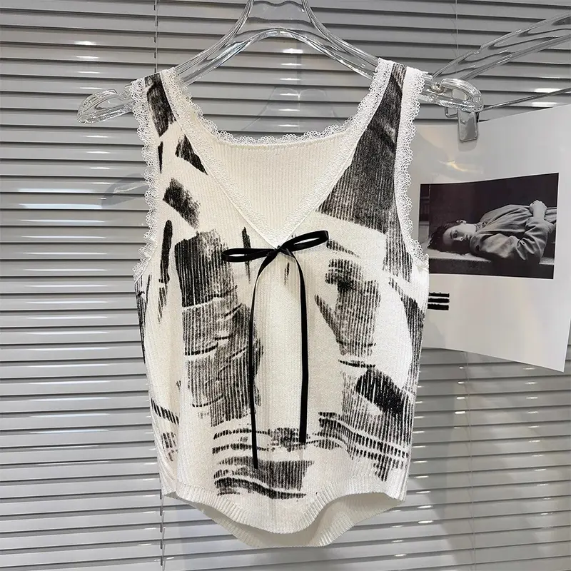 Summer New Style Sweet Cool Hot Girl Bow Hand-Painted Graffiti Knitted Small Camisole For Women