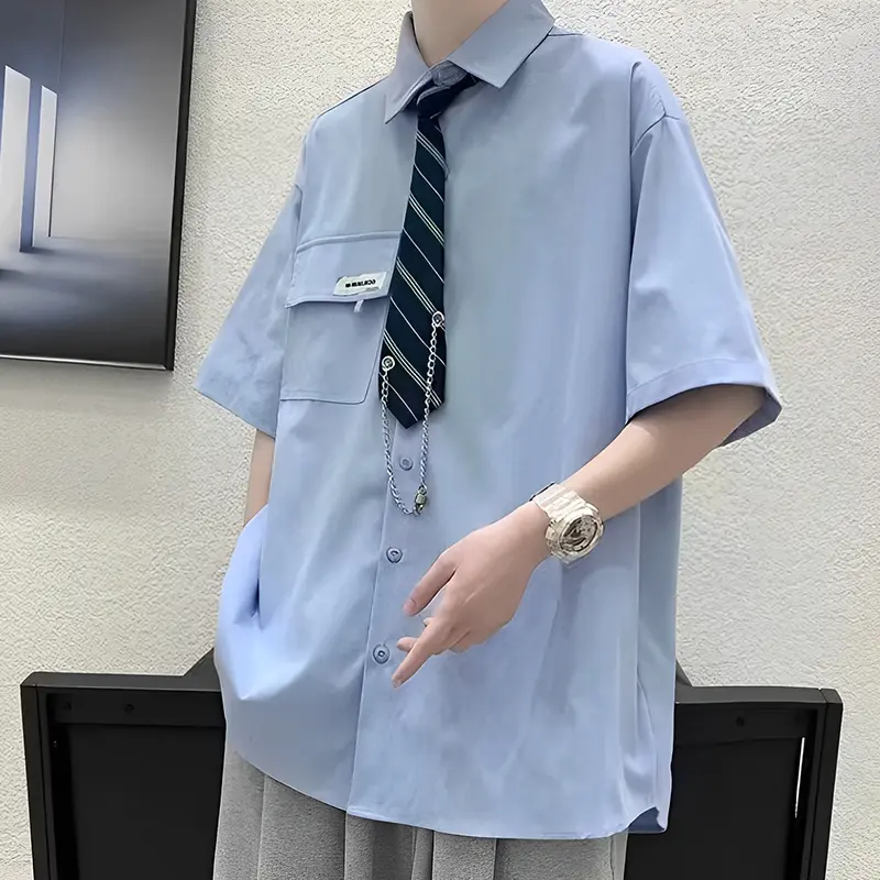 2025 College Style Summer Short Sleeve Shirt Trendy Lapel Summer Uniform Shirt + Tie