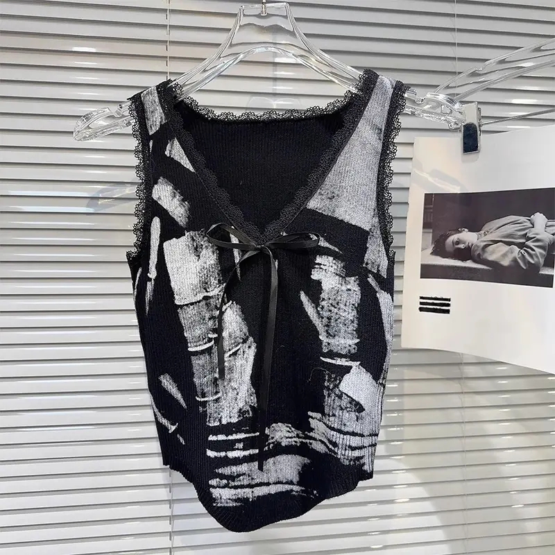 Summer New Style Sweet Cool Hot Girl Bow Hand-Painted Graffiti Knitted Small Camisole For Women