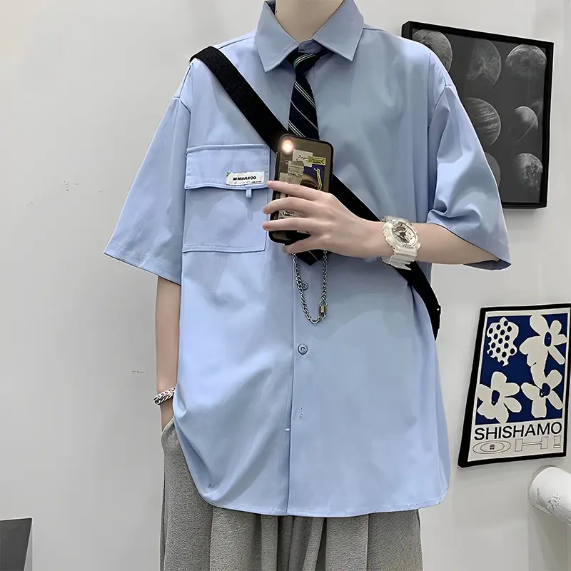 2025 College Style Summer Short Sleeve Shirt Trendy Lapel Summer Uniform Shirt + Tie