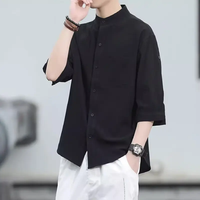 Fashion Shirt Men's Short-sleeved White Shirt Loose Summer Casual Jacket Men's Three-quarter Sleeve Top