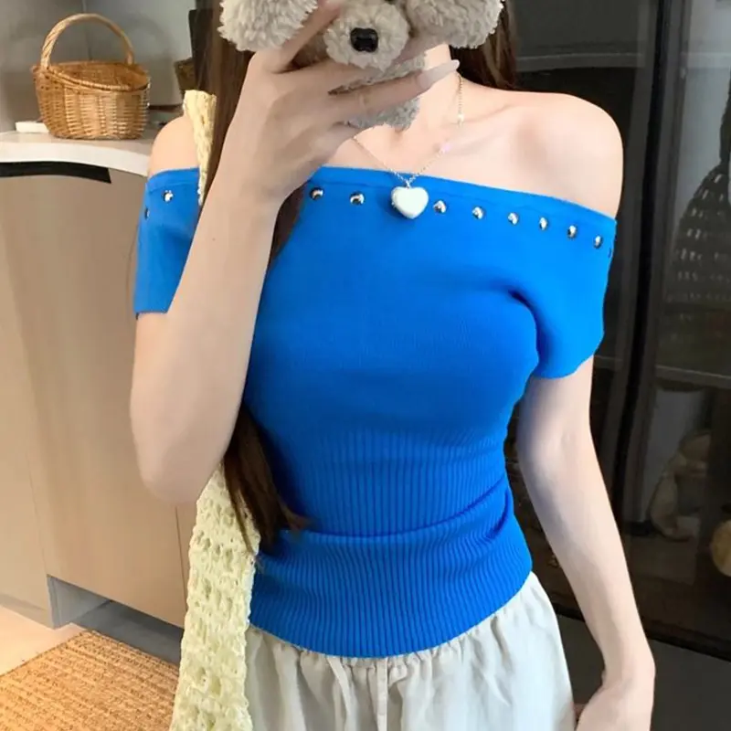Summer Design One-Shoulder Rivet Off-Shoulder Short Hot Girl Top T-Shirt
