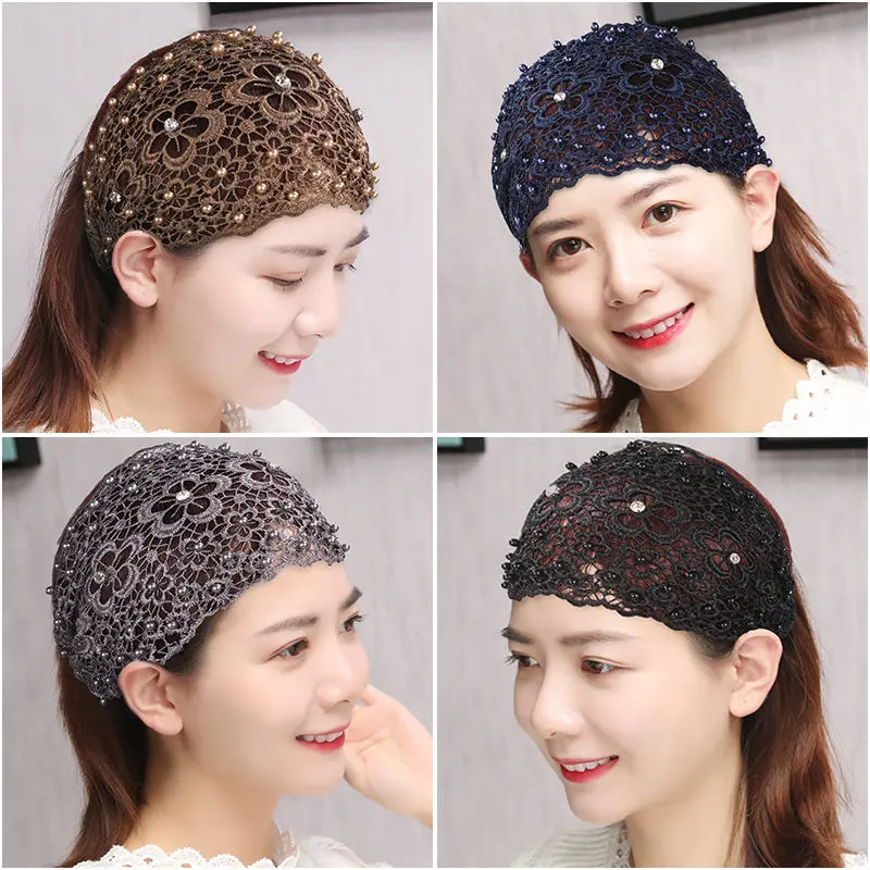 4 Pcs Lace Headbands For Women,Wide Floral Pearl Lace Elastic Headbands Hair Accessories For Women Fashion