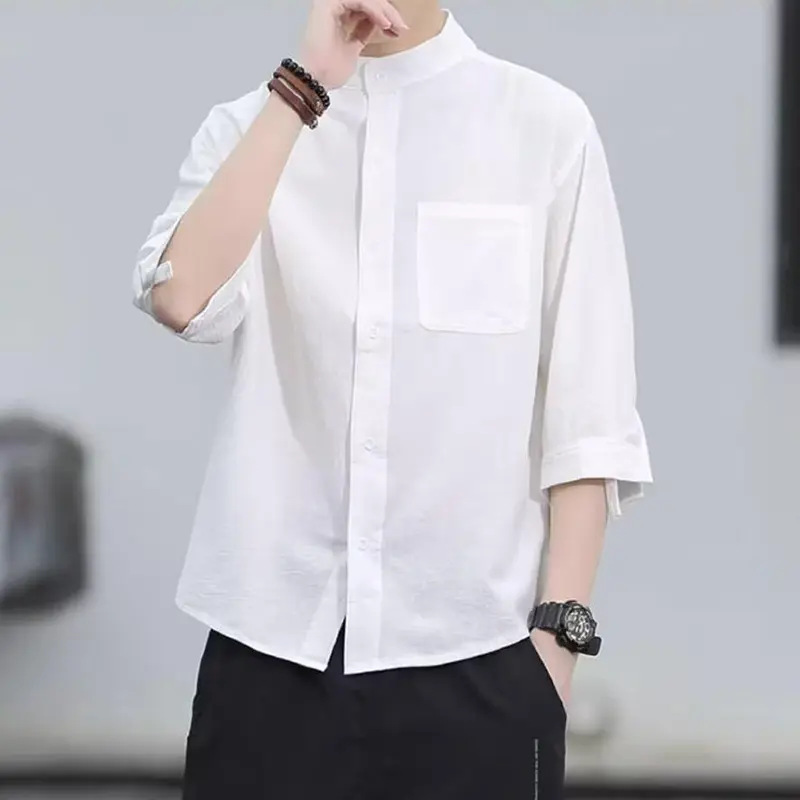 Fashion Shirt Men's Short-sleeved White Shirt Loose Summer Casual Jacket Men's Three-quarter Sleeve Top