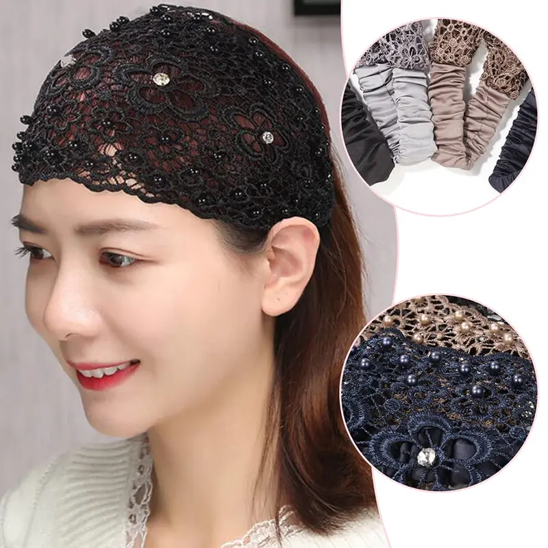 4 Pcs Lace Headbands For Women,Wide Floral Pearl Lace Elastic Headbands Hair Accessories For Women Fashion