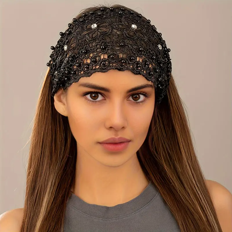 4 Pcs Lace Headbands For Women,Wide Floral Pearl Lace Elastic Headbands Hair Accessories For Women Fashion