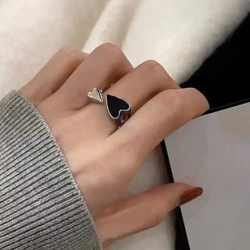 2PCS Silver Color Unique Ring For Women Jewelry Finger Adjustable Vintage Black Heart Ring For Party Birthday Gift
