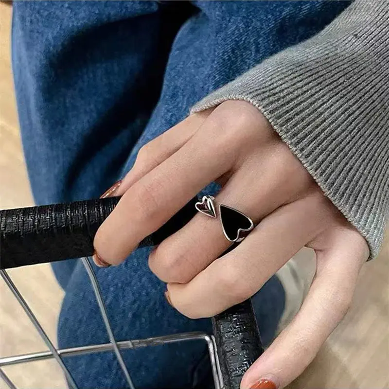 2PCS Silver Color Unique Ring For Women Jewelry Finger Adjustable Vintage Black Heart Ring For Party Birthday Gift