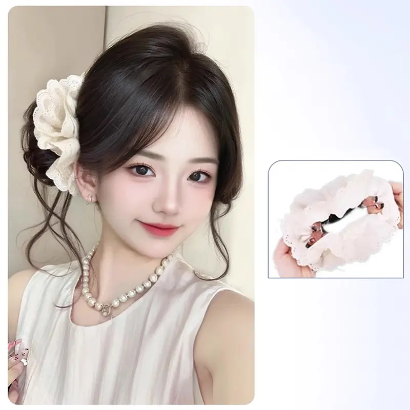 Synthetic Women Elastic Hair Bands Ponytail Holders Lace Headband Flower Bud Hair Accessories Korean Style Hair Artifact Wig Bag