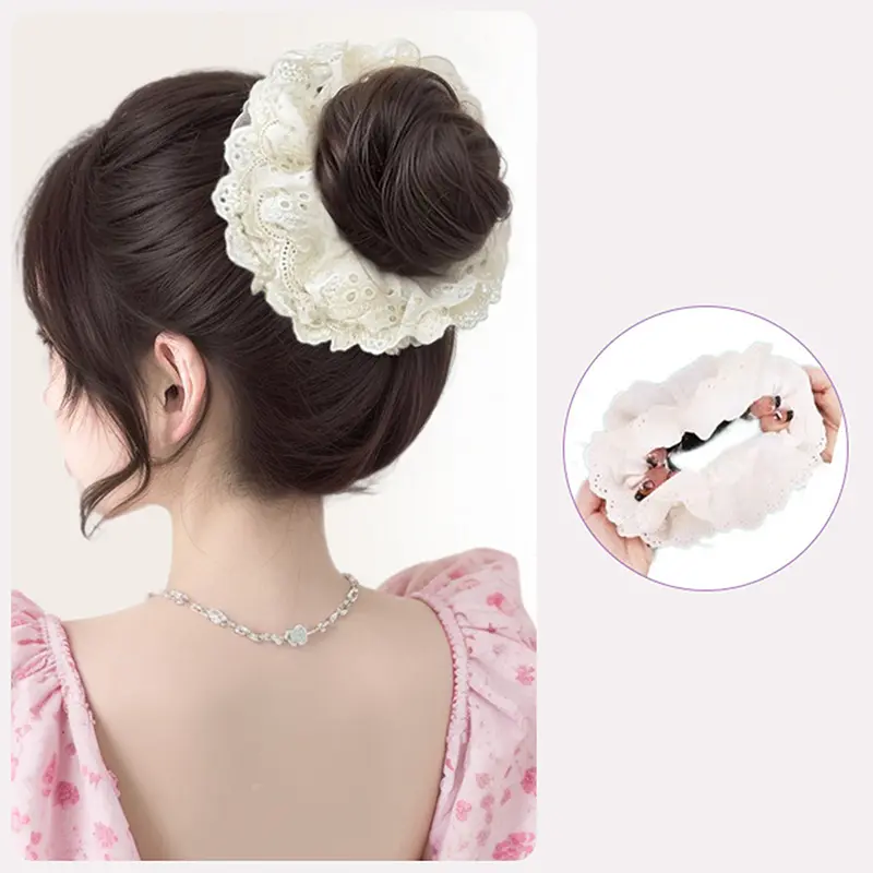 Synthetic Women Elastic Hair Bands Ponytail Holders Lace Headband Flower Bud Hair Accessories Korean Style Hair Artifact Wig Bag