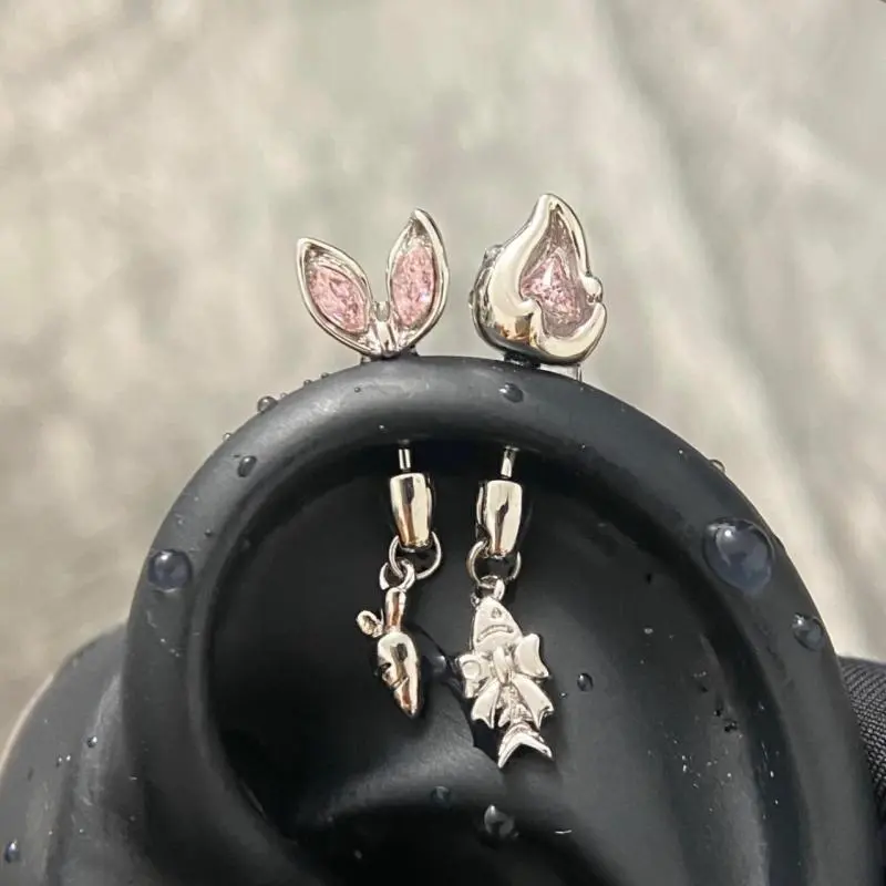 1Pcs Cat's Ear Shaped Flash Zircon Heart Cross Pendant Ear Bone Nail Earring For Women Trendy Body Piercing Accessories