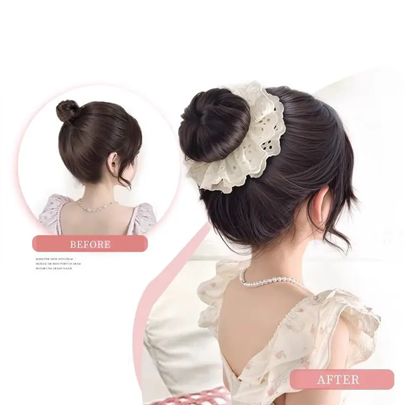 Synthetic Women Elastic Hair Bands Ponytail Holders Lace Headband Flower Bud Hair Accessories Korean Style Hair Artifact Wig Bag