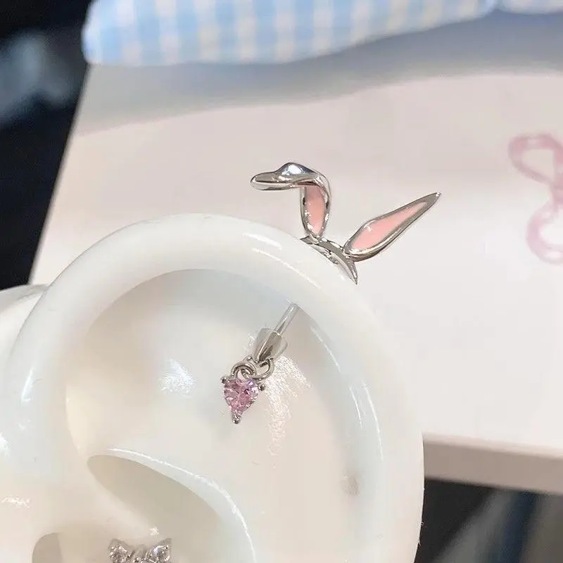 1Pcs Cat's Ear Shaped Flash Zircon Heart Cross Pendant Ear Bone Nail Earring For Women Trendy Body Piercing Accessories