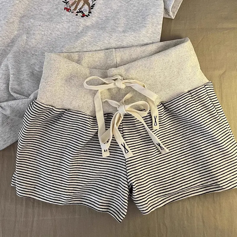 Summer Casual Striped Shorts Women Home Leisure Wide-Leg Sports Fitness Shorts