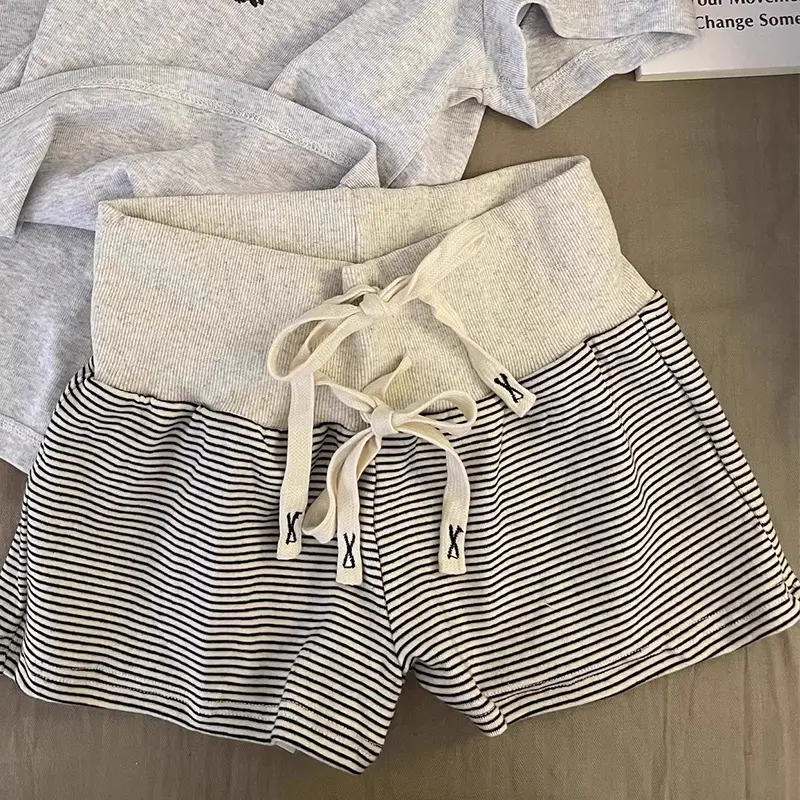 Summer Casual Striped Shorts Women Home Leisure Wide-Leg Sports Fitness Shorts