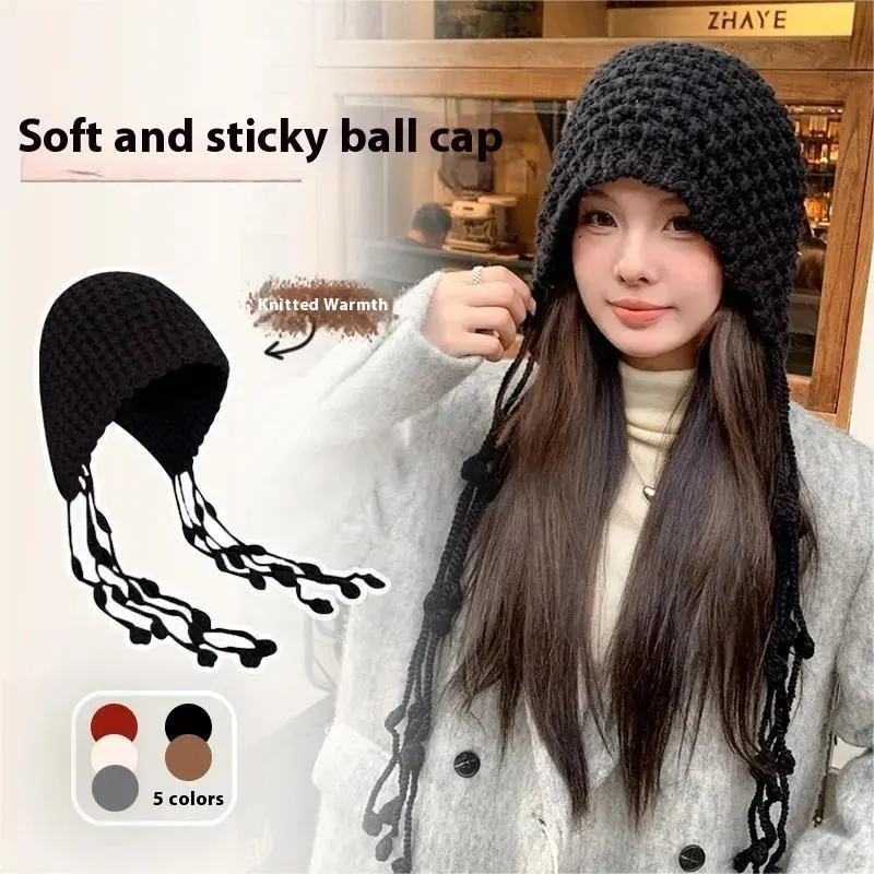 Handmade Fashion Thickened Baotou Hat Autumn And Winter Ball Tassel Ear Protection Strap Hat Mesh Red Knitted Woolen Hat