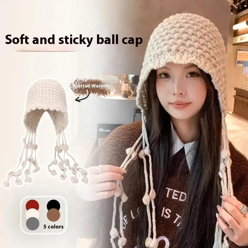 Handmade Fashion Thickened Baotou Hat Autumn And Winter Ball Tassel Ear Protection Strap Hat Mesh Red Knitted Woolen Hat
