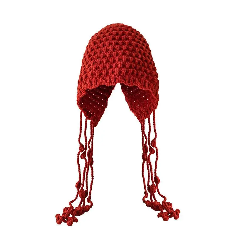 Handmade Fashion Thickened Baotou Hat Autumn And Winter Ball Tassel Ear Protection Strap Hat Mesh Red Knitted Woolen Hat