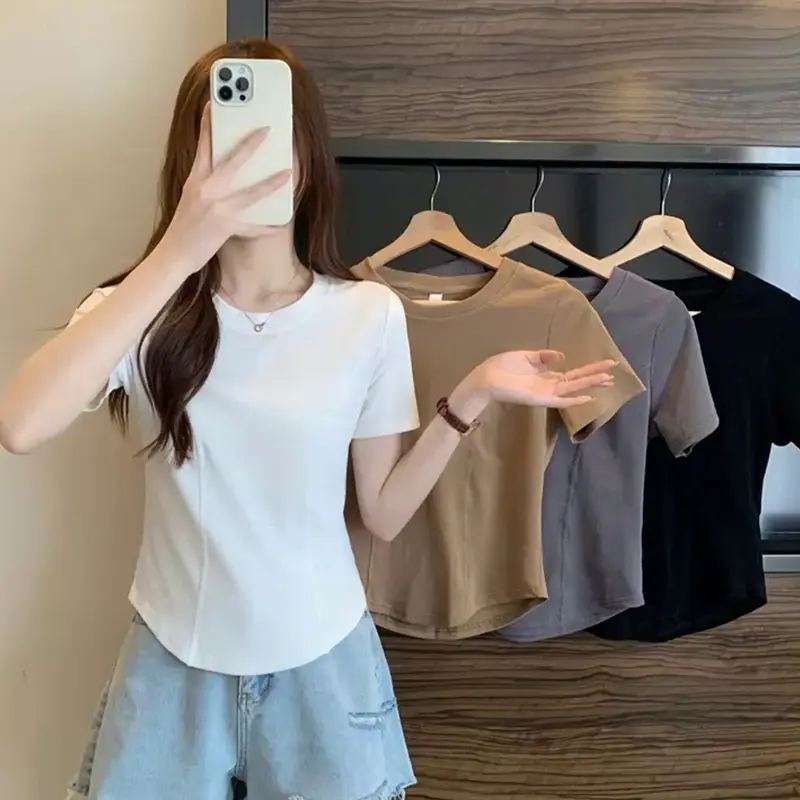 Summer New Short-sleeved T-shirt Women's Tight Design Irregular Hem Curved Top