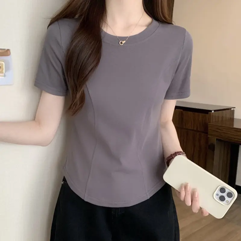 Summer New Short-sleeved T-shirt Women's Tight Design Irregular Hem Curved Top