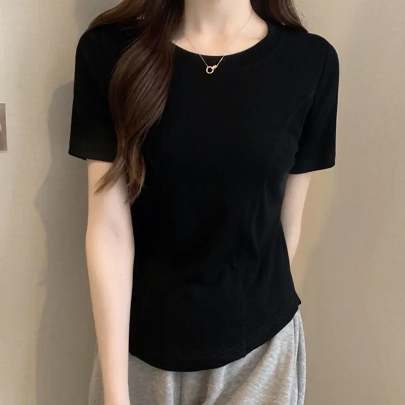 Summer New Short-sleeved T-shirt Women's Tight Design Irregular Hem Curved Top
